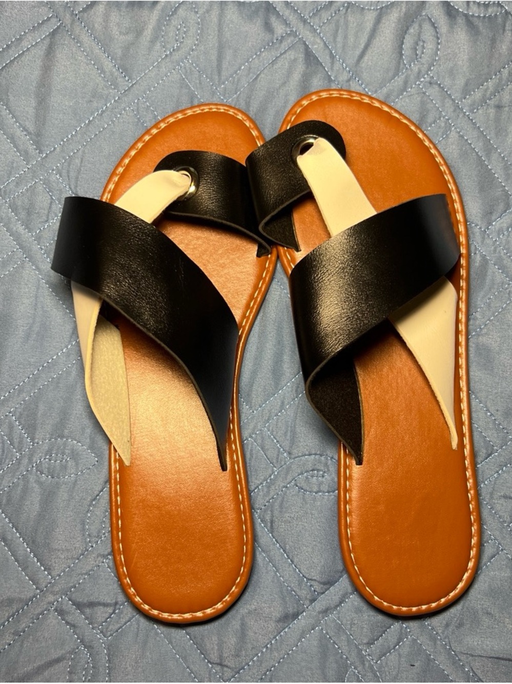 SHEIN Black and Tan Cross-Strap Slide Sandals